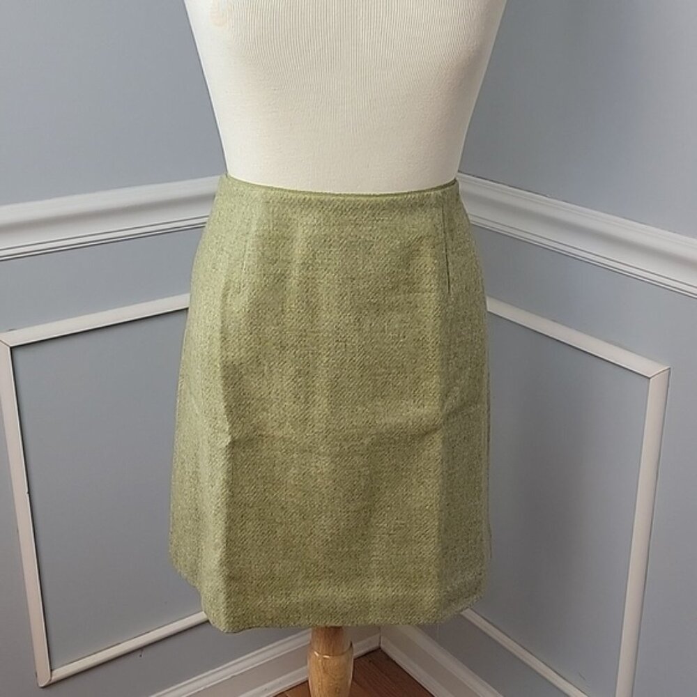 ANN TAYLOR PETITE 100% Wool Mossy Green Tweed Academia Office Business Skirt 8P